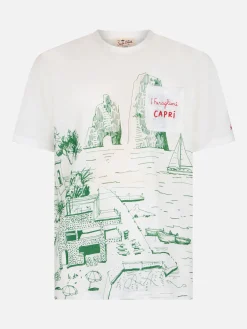 Herren-T-Shirt aus Leinenjersey Ecstasea mit platziertem Capri-Aufdruck und gestickter Tasche