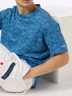 Herren-T-Shirt Ecstasea aus blauem Leinenjersey mit Sashiko-Aufdruck