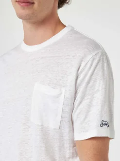 Herren-T-Shirt Ecstasea aus cremefarbenem Leinenjersey mit Tasche