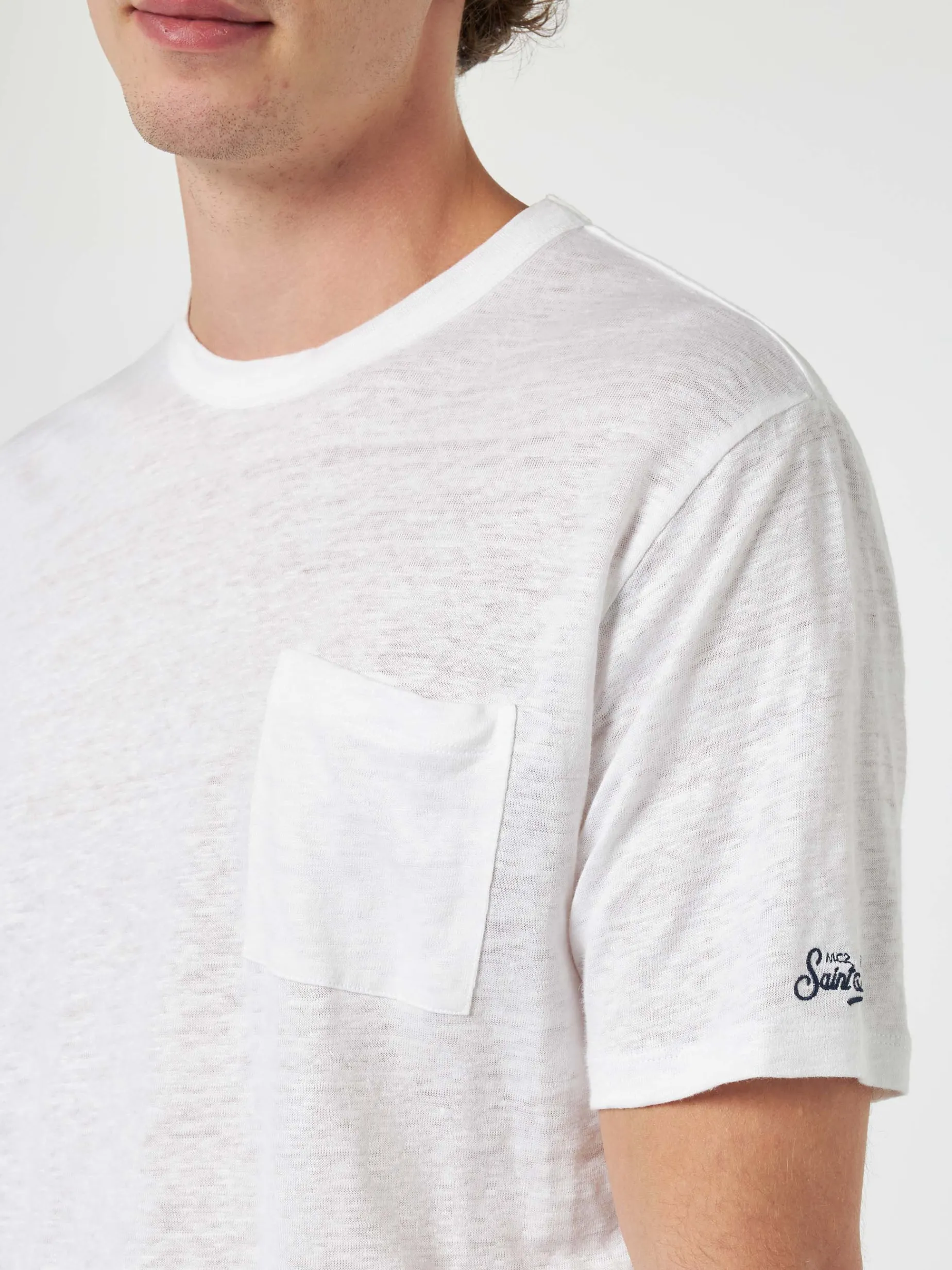 Herren-T-Shirt Ecstasea aus cremefarbenem Leinenjersey mit Tasche