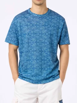 Herren-T-Shirt Ecstasea aus blauem Leinenjersey mit Sashiko-Aufdruck