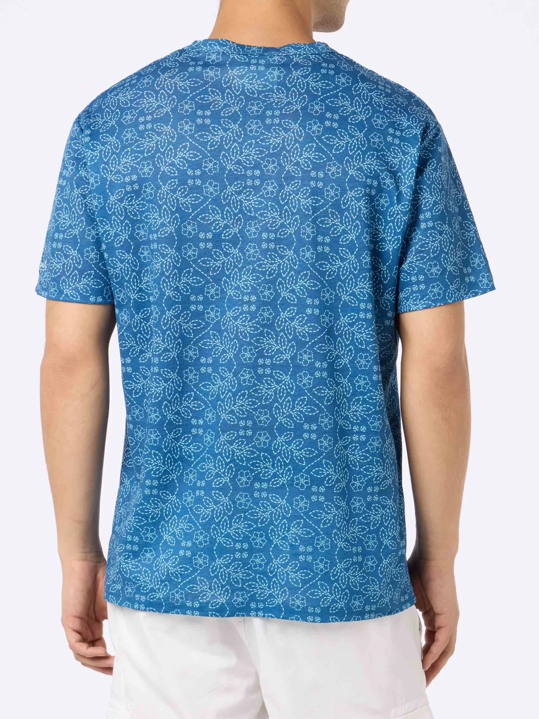 Herren-T-Shirt Ecstasea aus blauem Leinenjersey mit Sashiko-Aufdruck