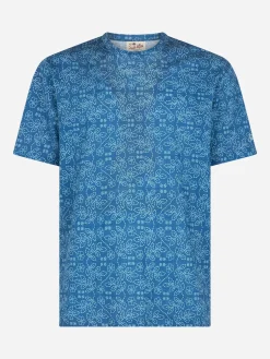 Herren-T-Shirt Ecstasea aus blauem Leinenjersey mit Sashiko-Aufdruck