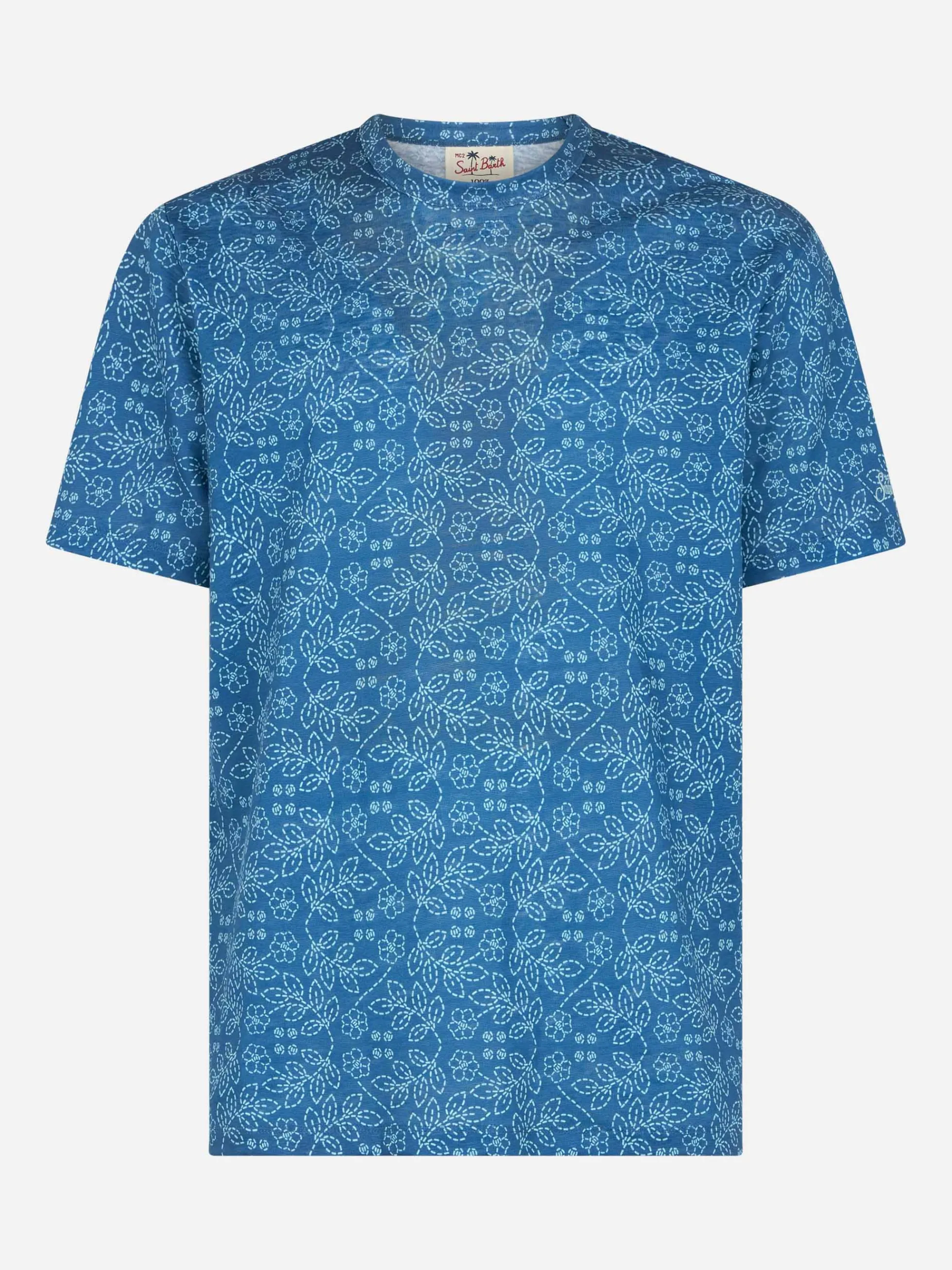 Herren-T-Shirt Ecstasea aus blauem Leinenjersey mit Sashiko-Aufdruck