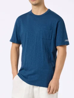 Herren-T-Shirt „President“ aus blau geflammter Baumwolle mit Stickerei