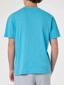 Herren-T-Shirt „President“ aus blau geflammter Baumwolle mit Stickerei