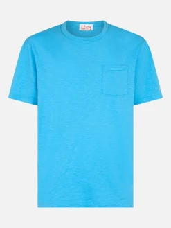 Herren-T-Shirt „President“ aus blau geflammter Baumwolle mit Stickerei