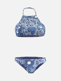 Hochgeschlossener Bikini mit Denim-Blättern