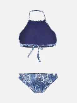 Hochgeschlossener Bikini mit Denim-Blättern