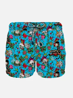 Jungen-Badeshorts aus leichtem Stoff mit Tattoo-Print