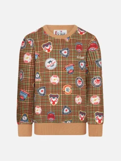 Jungen-Sweatshirt mit Rundhalsausschnitt, Aufnähern und Pied-de-Poule-Print