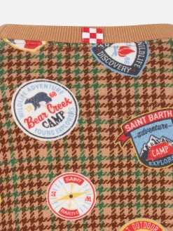 Jungen-Sweatshirt mit Rundhalsausschnitt, Aufnähern und Pied-de-Poule-Print