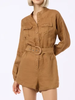 Kamelfarbener Playsuit aus Leinen für Damen Hanniel