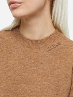 Kamelfarbener Pullover für Damen aus Stretchgarn Sorbonne
