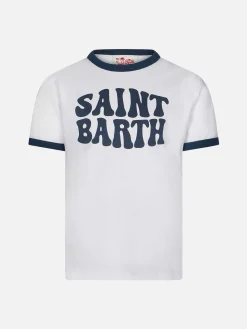 Kinder-T-Shirt aus weißer Baumwolle mit blauem, groovigem Saint-Barth-Print