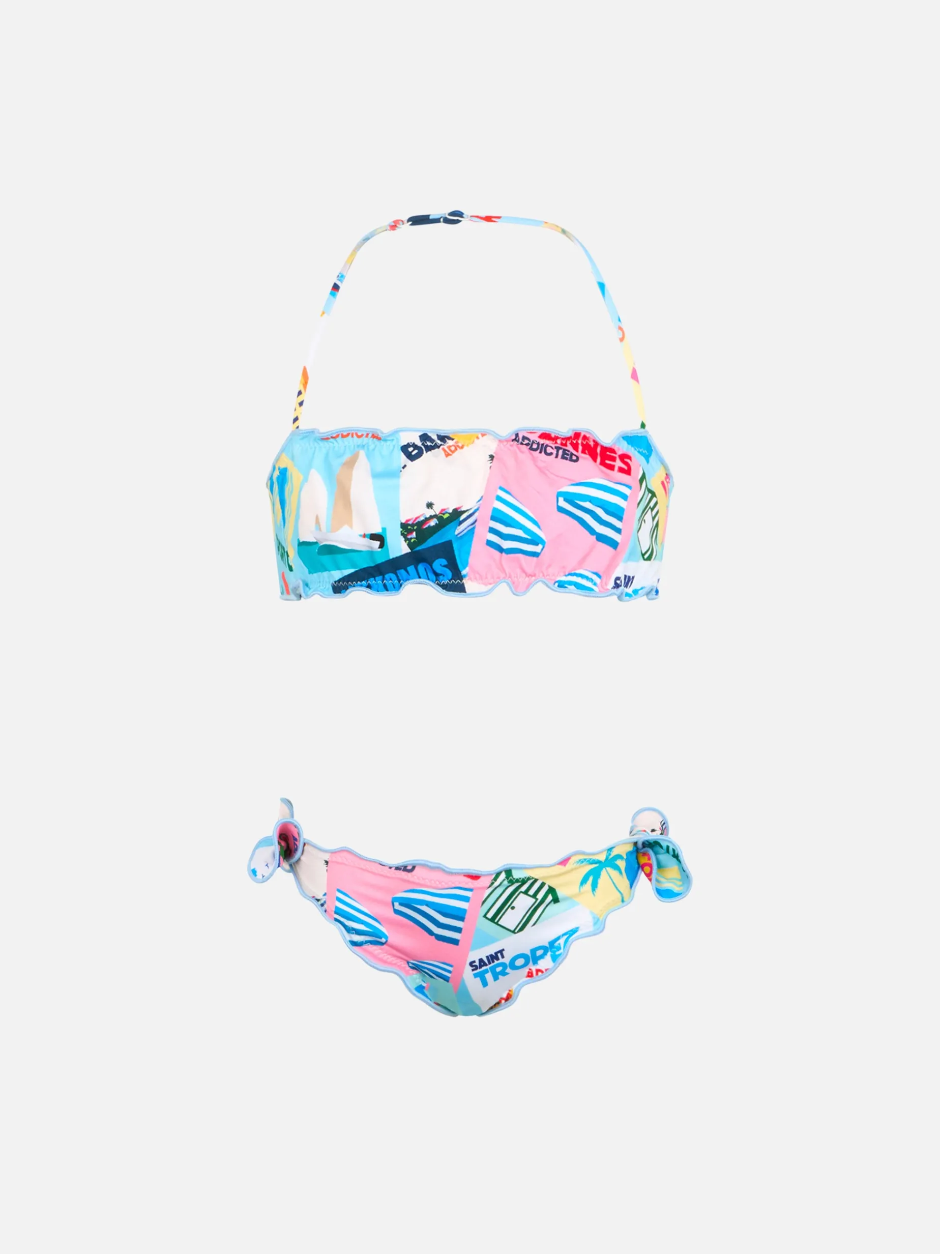 Klassischer Bandeau-Bikini für Mädchen mit Postkartenmuster Emy