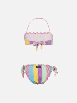 Klassischer Bandeau-Bikini Emy aus Frottee für Mädchen mit Streifendruck
