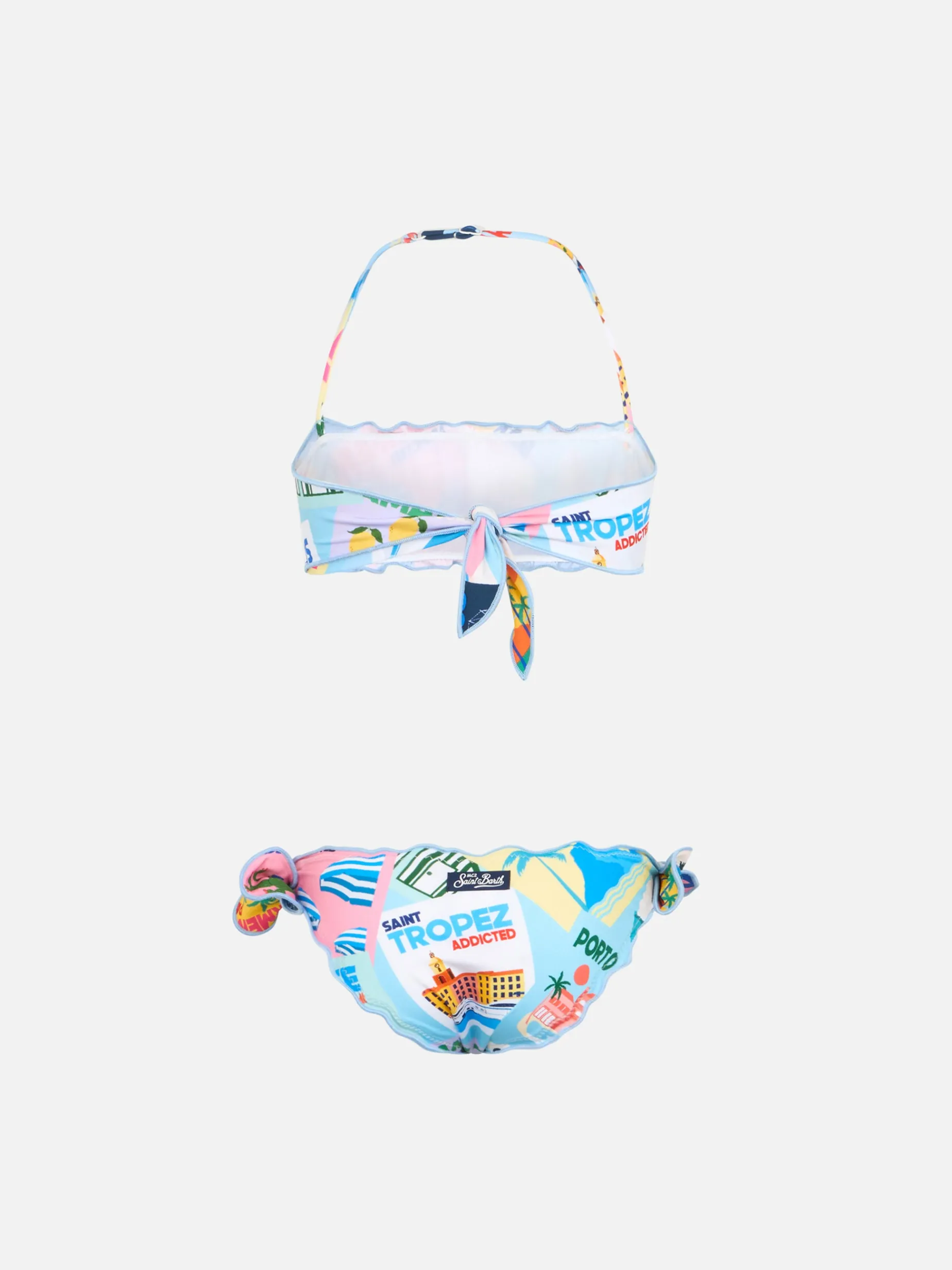 Klassischer Bandeau-Bikini für Mädchen mit Postkartenmuster Emy