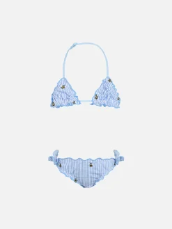 Klassischer Triangel-Bikini Cris aus Seersucker für Mädchen mit Bienenstickerei