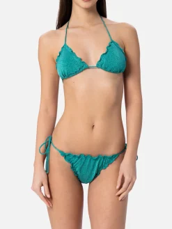 Klassischer Triangel-Bikini für Damen aus blaugrünem Lurex Sagittarius Miami