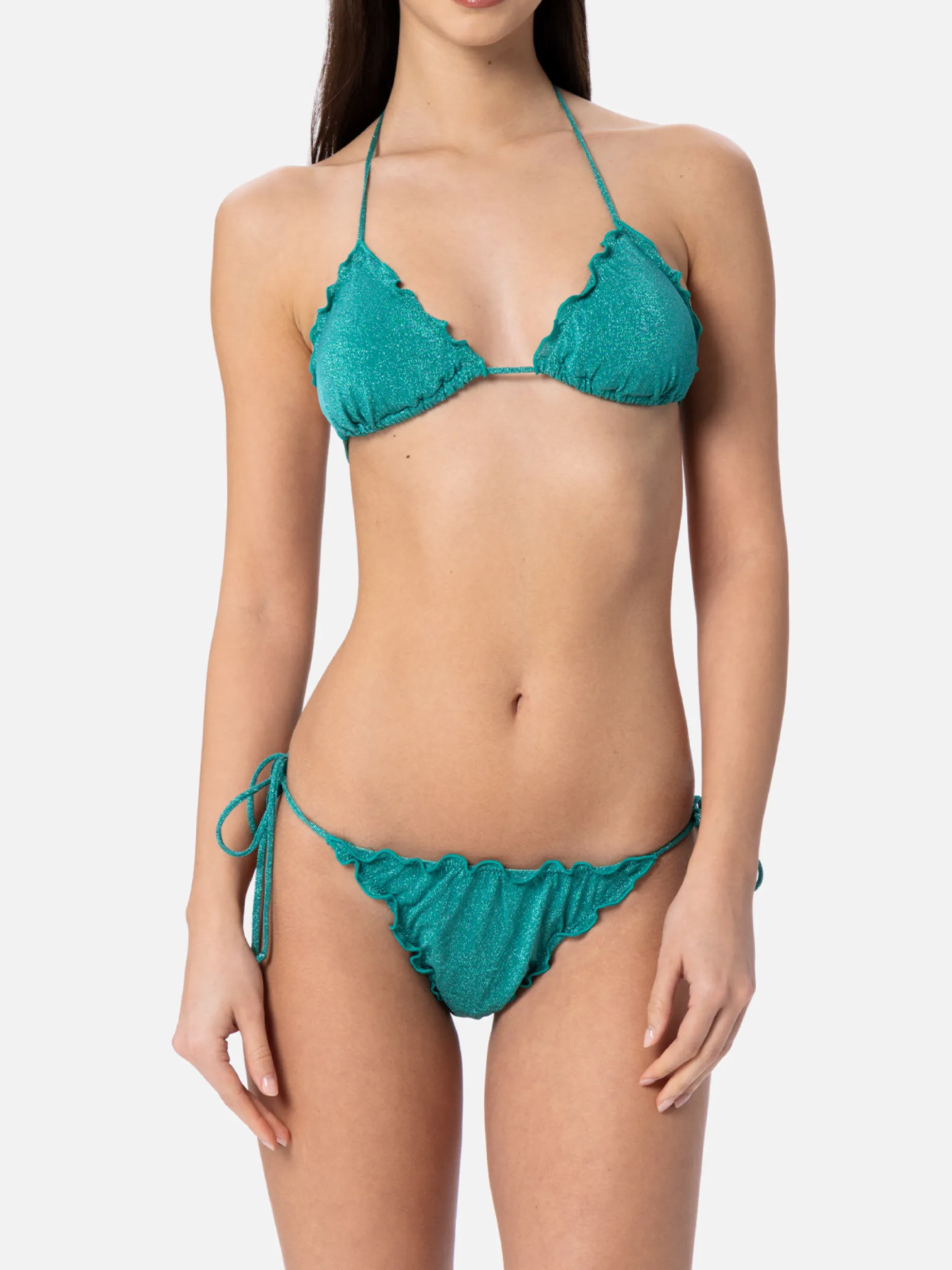 Klassischer Triangel-Bikini für Damen aus blaugrünem Lurex Sagittarius Miami
