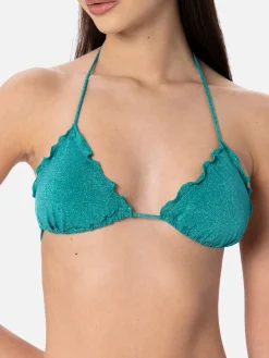 Klassischer Triangel-Bikini für Damen aus blaugrünem Lurex Sagittarius Miami