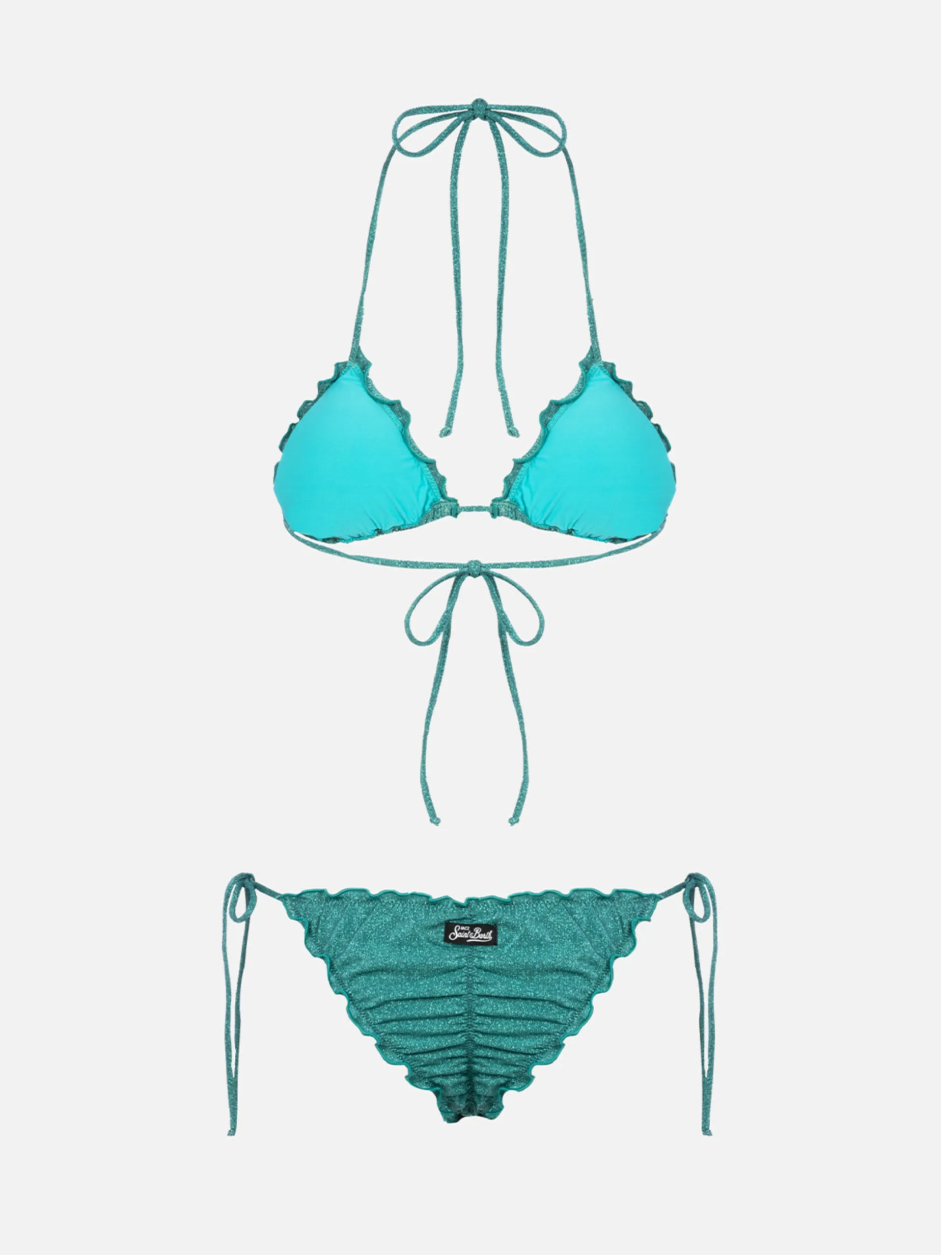 Klassischer Triangel-Bikini für Damen aus blaugrünem Lurex Sagittarius Miami