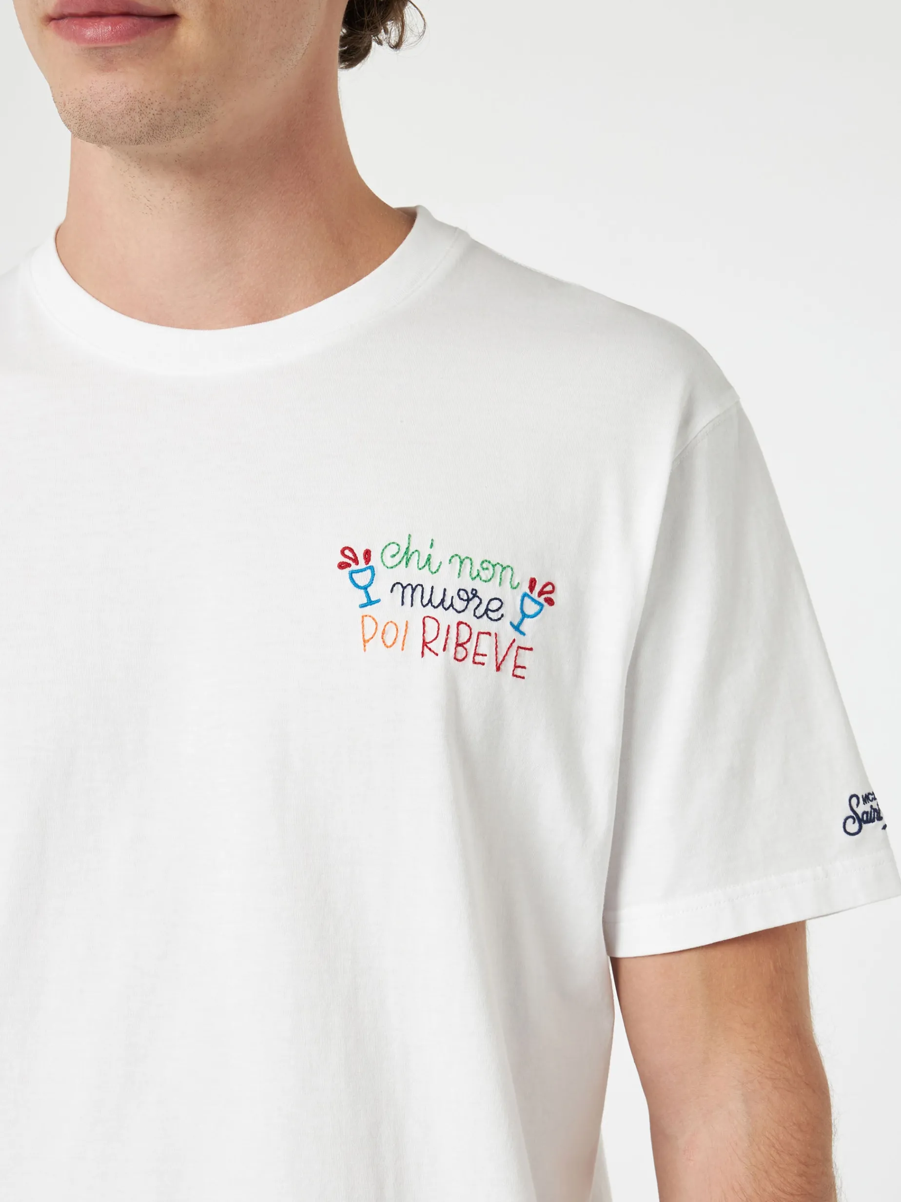 Klassisches Herren-T-Shirt „Portofino“ aus Baumwolljersey mit „Chi non muore poi ribeve“-Stickerei | INSULTI LUMINOSI SONDEREDITION