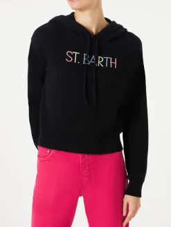 Kurz geschnittener Kapuzenpullover aus Strick mit St. Barth-Stickerei