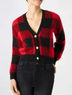 Kurzer Damen-Cardigan mit Schmuckknöpfen und Tartan-Print