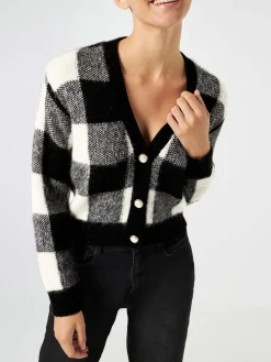 Kurzer Damen-Cardigan mit Schmuckknöpfen und Vichy-Print