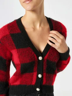 Kurzer Damen-Cardigan mit Schmuckknöpfen und Tartan-Print