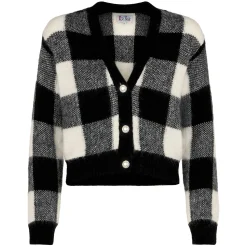 Kurzer Damen-Cardigan mit Schmuckknöpfen und Vichy-Print