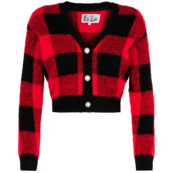 Kurzer Damen-Cardigan mit Schmuckknöpfen und Tartan-Print
