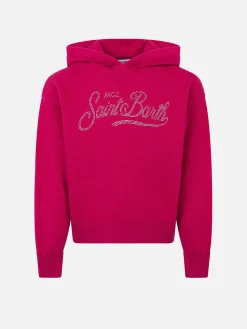 Kurzer Kapuzenpullover für Mädchen in Fuchsia mit Strasssteinen