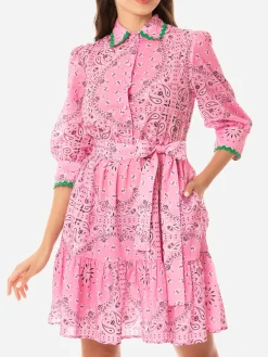 Kurzes Baumwollkleid Daisi mit Bandanna-Print und Stickereien