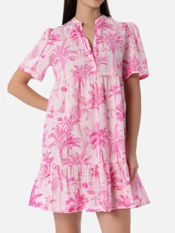 Kurzes Damenkleid aus Baumwoll-Voile Siara mit Toile de Jouy-Print