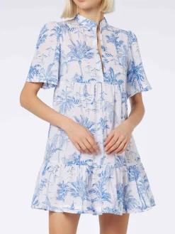 Kurzes Damenkleid aus Baumwoll-Voile Siara mit Toile de Jouy-Print
