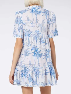 Kurzes Damenkleid aus Baumwoll-Voile Siara mit Toile de Jouy-Print