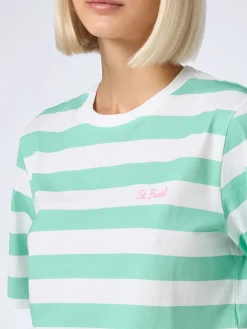 Kurzes T-Shirt für Damen mit Streifen in Aquamarin und Weiß