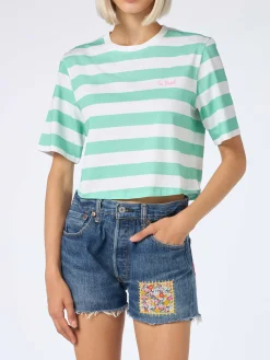 Kurzes T-Shirt für Damen mit Streifen in Aquamarin und Weiß