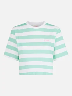 Kurzes T-Shirt für Damen mit Streifen in Aquamarin und Weiß