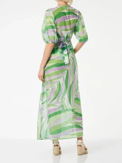 Langes Kleid Bliss aus Baumwolle und Seide mit Palmenprint