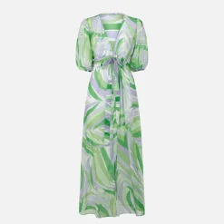 Langes Kleid Bliss aus Baumwolle und Seide mit Palmenprint