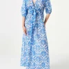 Langes Strandkleid Bliss aus Baumwolle und Seide mit Ikat-Print