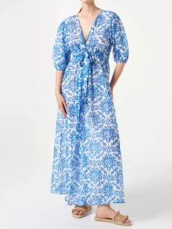 Langes Strandkleid Bliss aus Baumwolle und Seide mit Ikat-Print