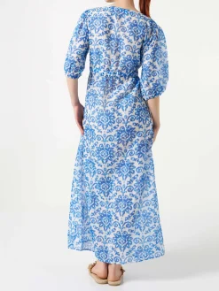 Langes Strandkleid Bliss aus Baumwolle und Seide mit Ikat-Print
