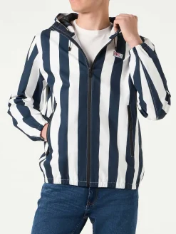 Leichte Herren-Windjacke mit Kapuze und Streifendruck