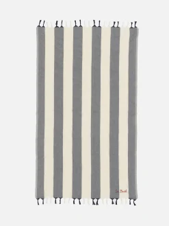 Leichtes Baumwoll-Strandtuch Fouta mit marineblauem Streifendruck