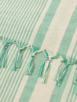 Leichtes Baumwoll-Strandtuch Fouta mit wassergrünem Streifendruck und Stickerei